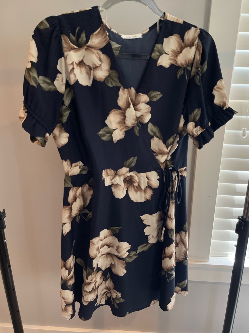 Floral Wrap Dress with Tie Waist - Navy Cream
